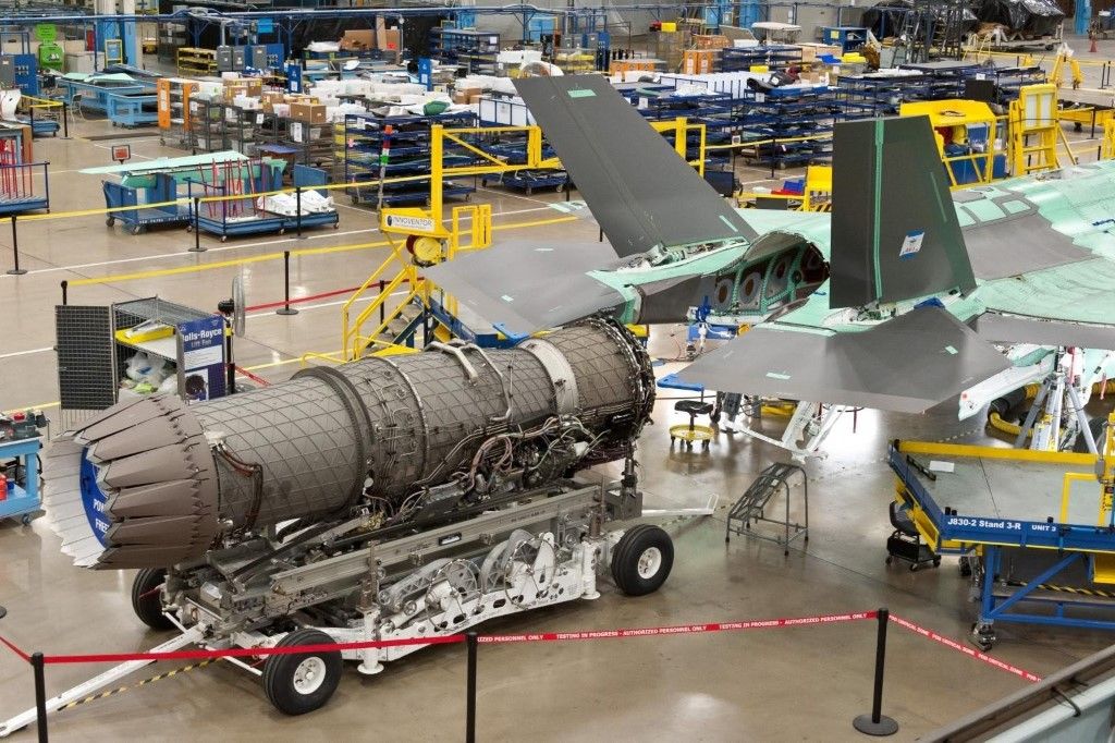 An F135 engine during fighter assembly