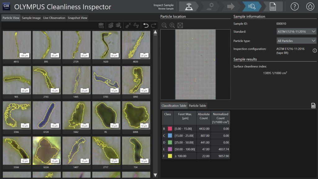 Figure 3: Cleanliness analysis results for a tape lift sample captured on the microscope system showing the surface cleanliness index